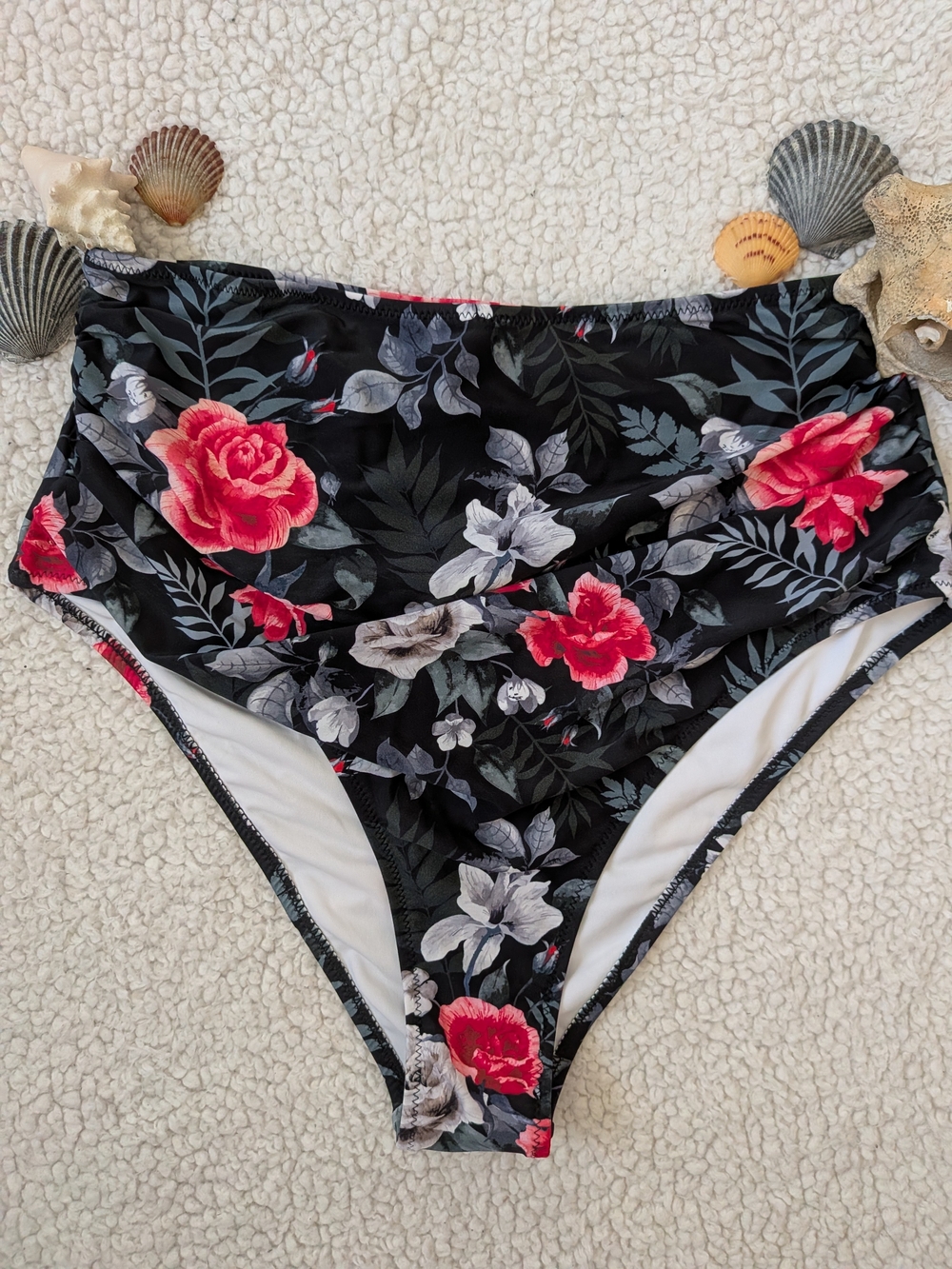 Black Floral High-Waist Bikini Bottoms - Red & Gray Roses